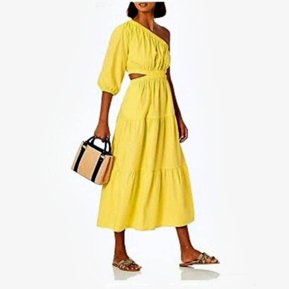 🎄NWT The Drop April Tiered One-Shoulder Lemon Midi Dress w/ Pockets Size Large - Picture 1 of 4